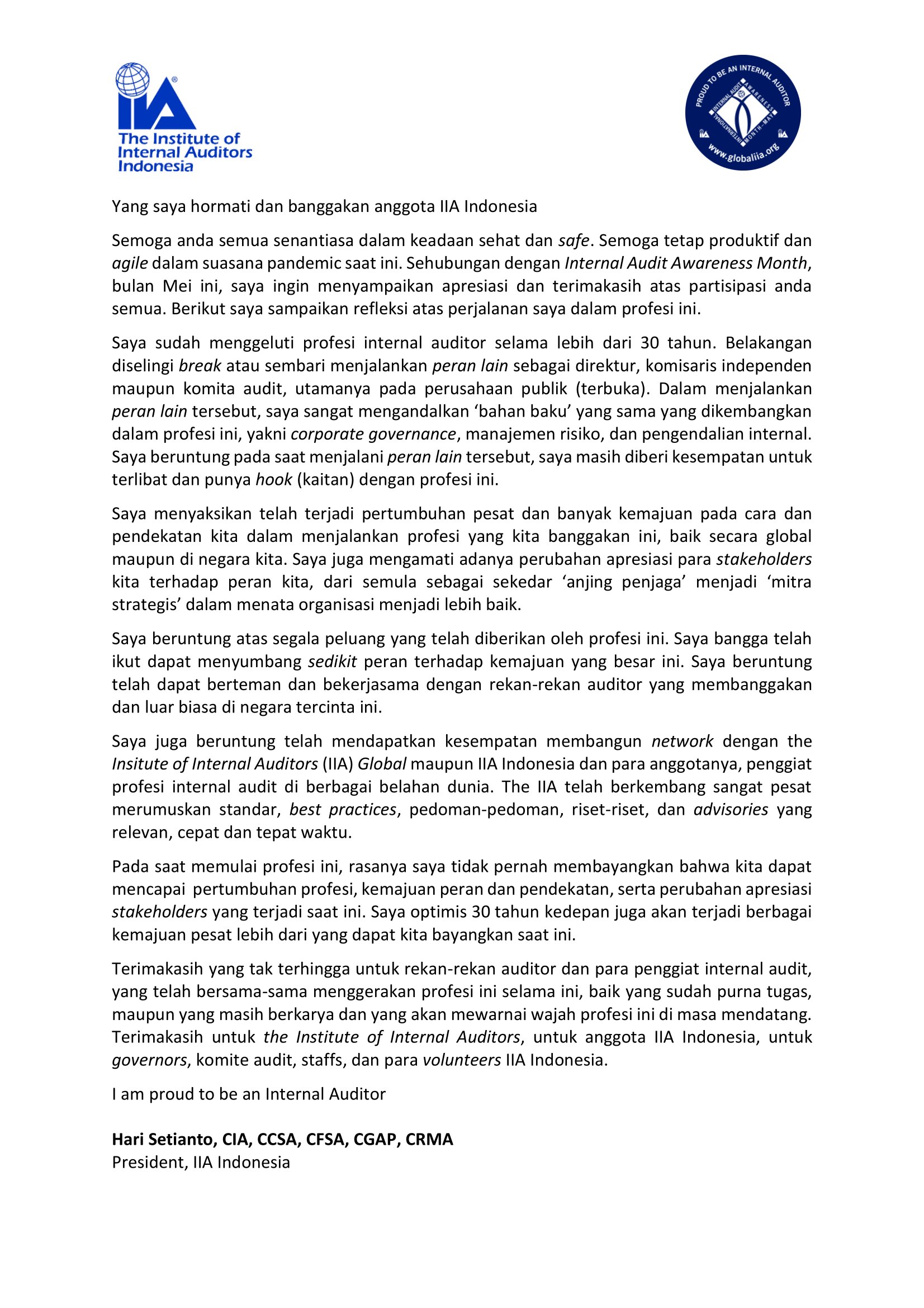 Pesan Dari Presiden Iia Indonesia Internal Audit Awareness Month Iia